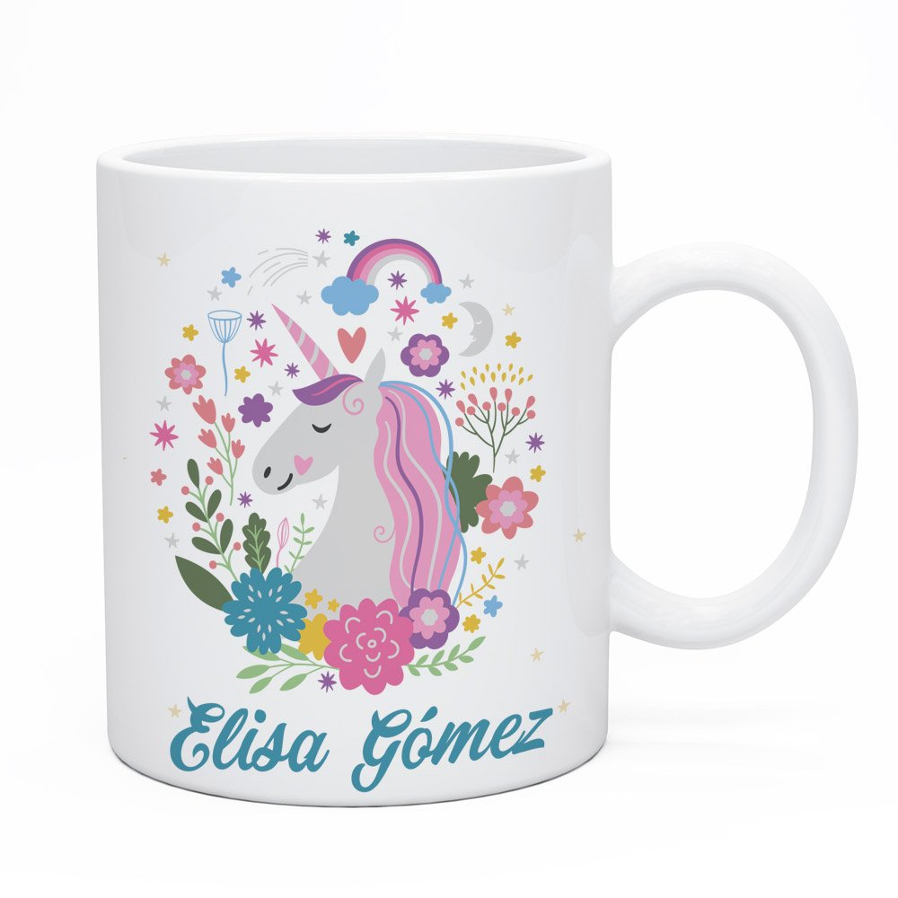 Regalo Original Taza de plástico Infantil Personalizada con Nombre y Unicornio para la Vuelta al Cole 33 cl