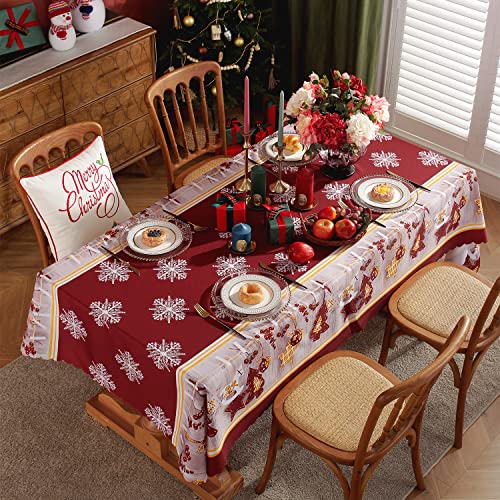 OWill Mantel de Navidad 150x200 cm,Mantel Antimanchas Rectangular con diseño de Copo de Nieve Blanco,Decoración Mesa,para Fiesta de Navidad Banquetes Cenas Cumpleaños,Rojo