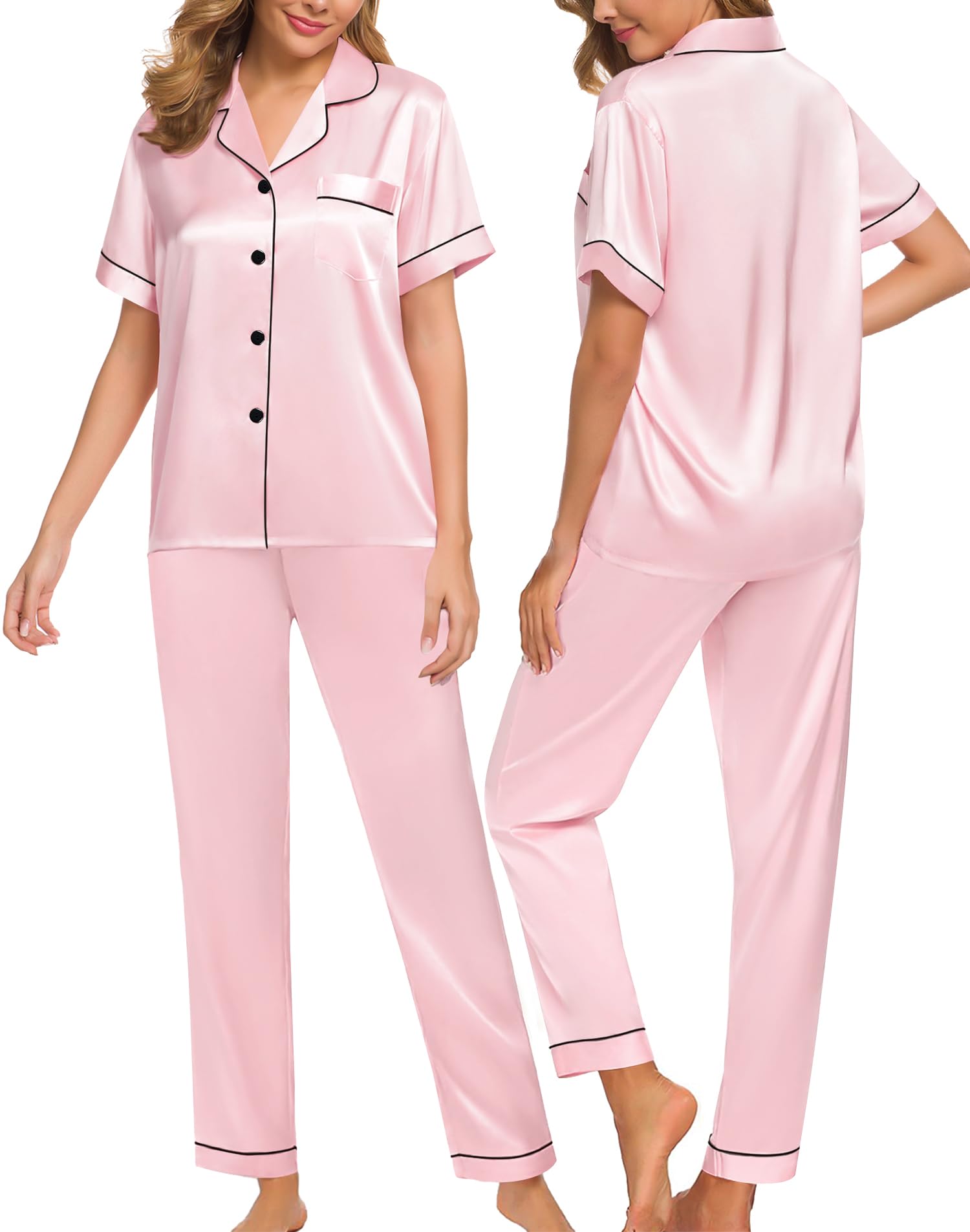SWOMOG Women Satin Pajamas Set Short Sleeve Top & Pants Sleepwear Silky Button Down Nightwear 2pcs Loungewear Pjs Set