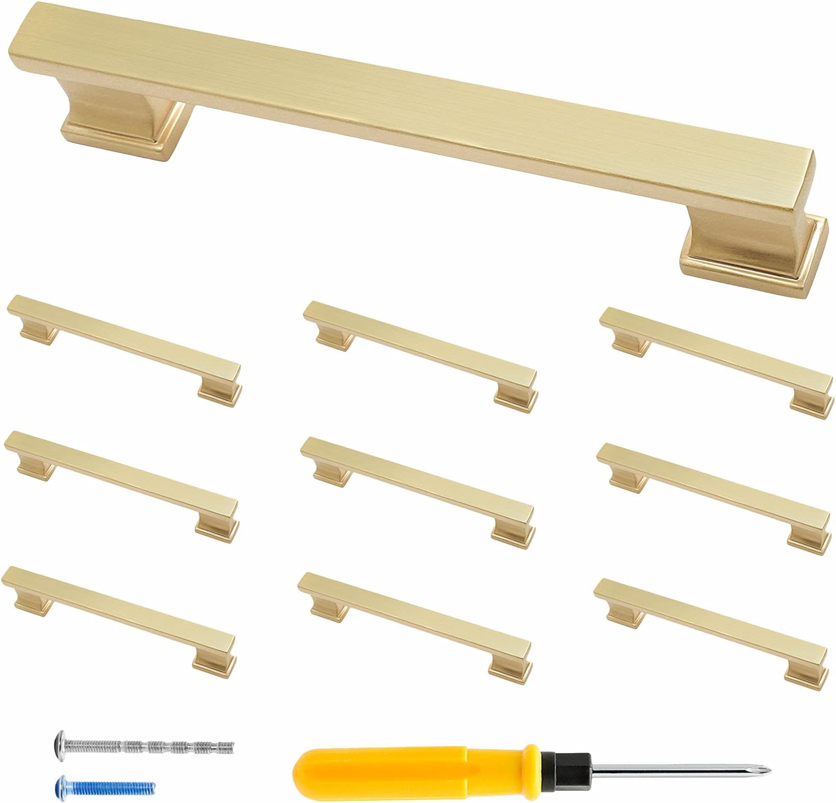 10 Pack 5 Inch Cabinet Handles Brushed Satin Brass Dresser Drawer Pulls, Modern Kitchen Cabinet Door Handles, 5 Inch Hole Center