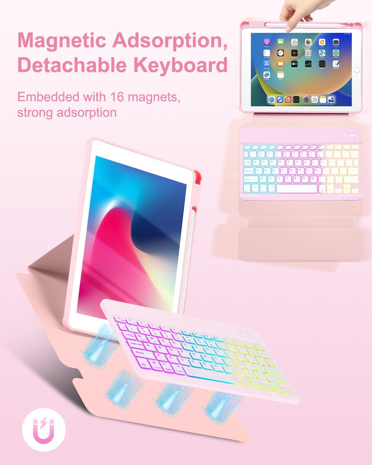 Case with Keyboard for iPad 9th 8th 7th Generation 10.2 inch,7 Rainbow Backlit Detachable Wireless Keyboard Rotatable Magnetic Cover with Pencil Holder for iPad Air 3rd Gen/Pro 10.5 Pink - Image 5