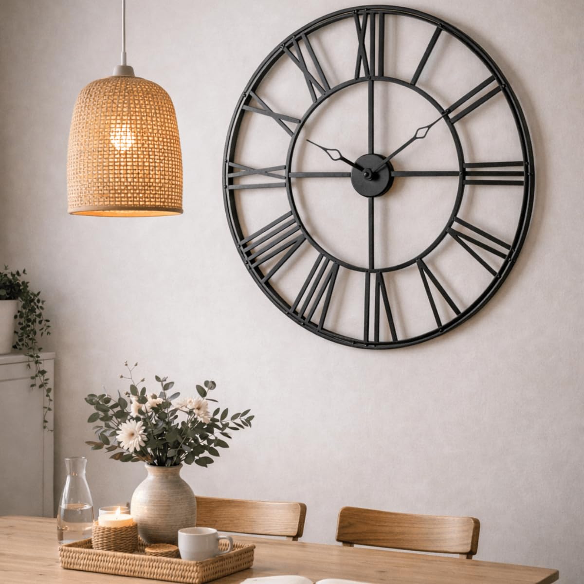 Grande horloge murale en métal - Diamètre : 70 cm - Noir - Design squelette industriel vintage avec chiffres romains - Horloge à cadran ouvert - Mouvement silencieux - Pour salon, cuisine