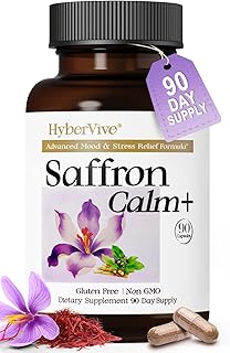 HyberVive Saffron Supplements with Ashwagandha & L-Theanine - 368.5MG - Mood Balance, Stress Relief & Mental Clarity – Cortisol Support for Women & Men, Made in USA, 90 Vegan Capsules