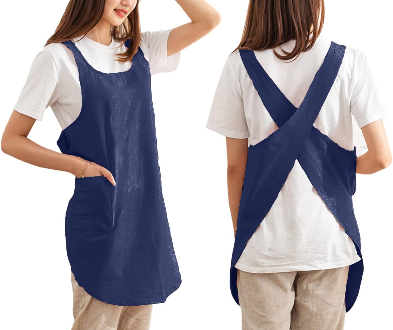 Cotton Cross Back Aprons Solid Color Cooking Kitchen Garden Smock for Women Girls with Pockets