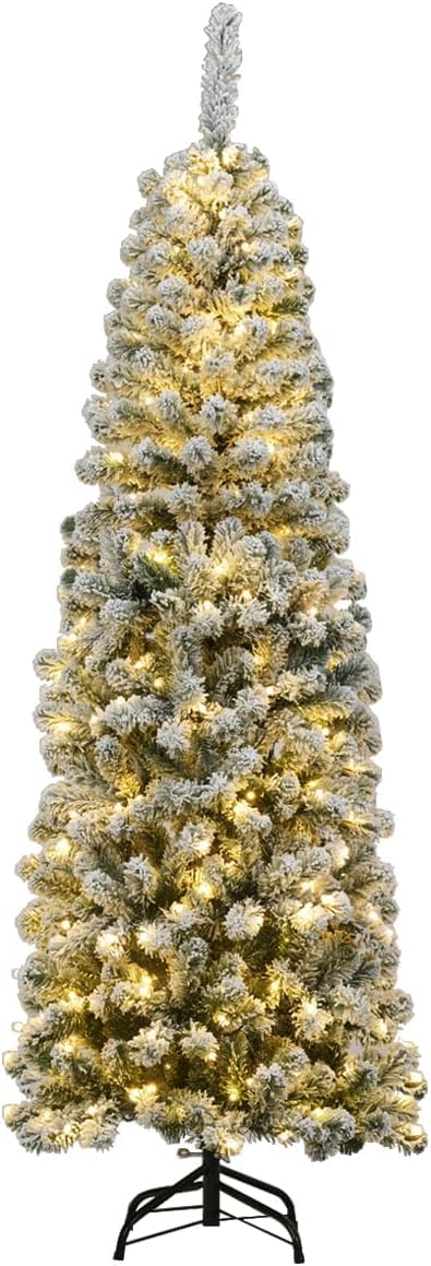 GOPLUS 135/180/225 cm Árbol de Navidad Artificial con Luces LED & Nieve & Soporte de Metal Plegable, Decoración Navideña de Árbol Nevado Esbelto y Flocado (180 cm)