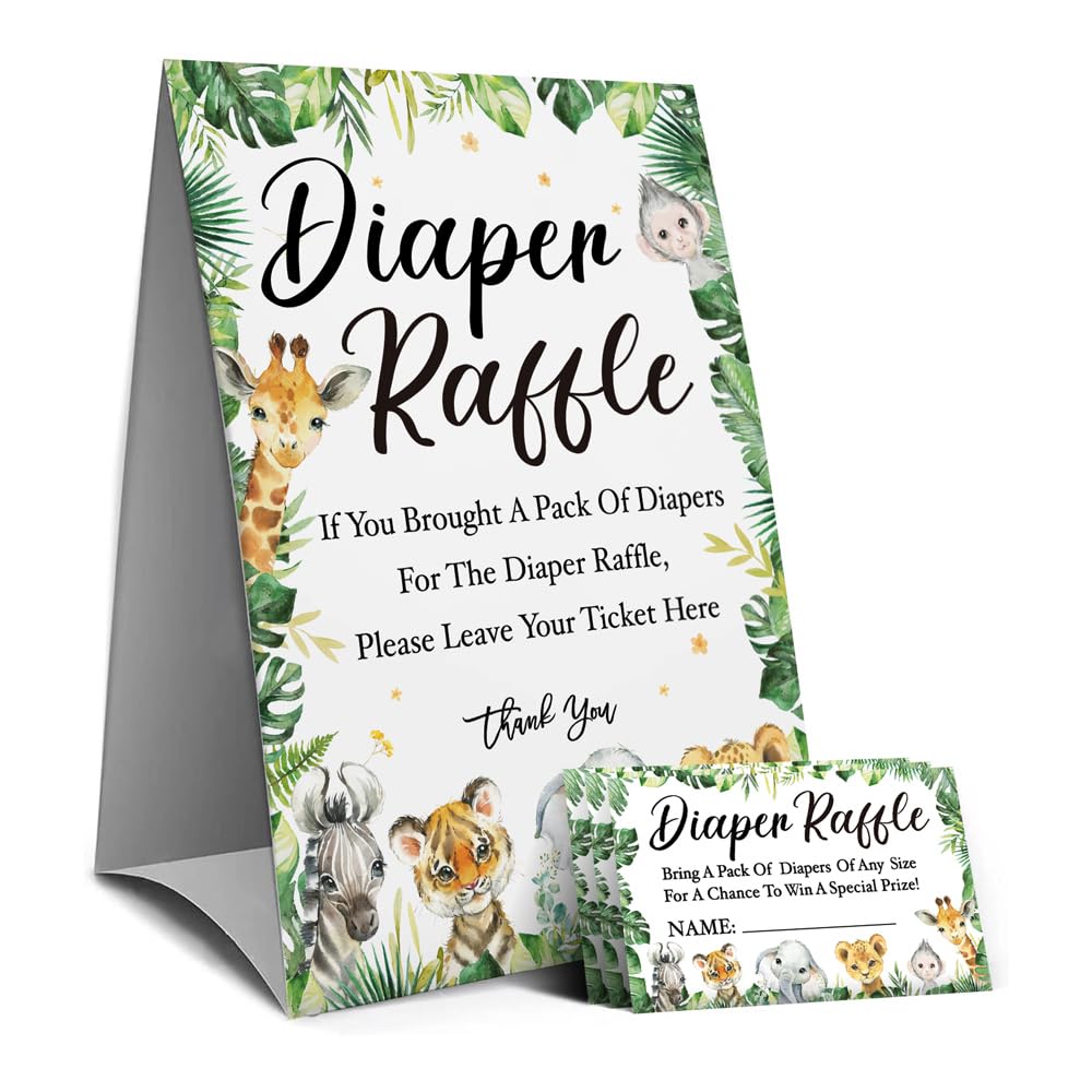 Diaper Raffle Baby Shower Party Game Cards(1 Standing Sign & 50 Guessing Cards), Safari Jungle Zoo Forest Animals Baby Shower Party Raffle Insert Ticket Baby Showers Party Decorations Game Cards Kit-3