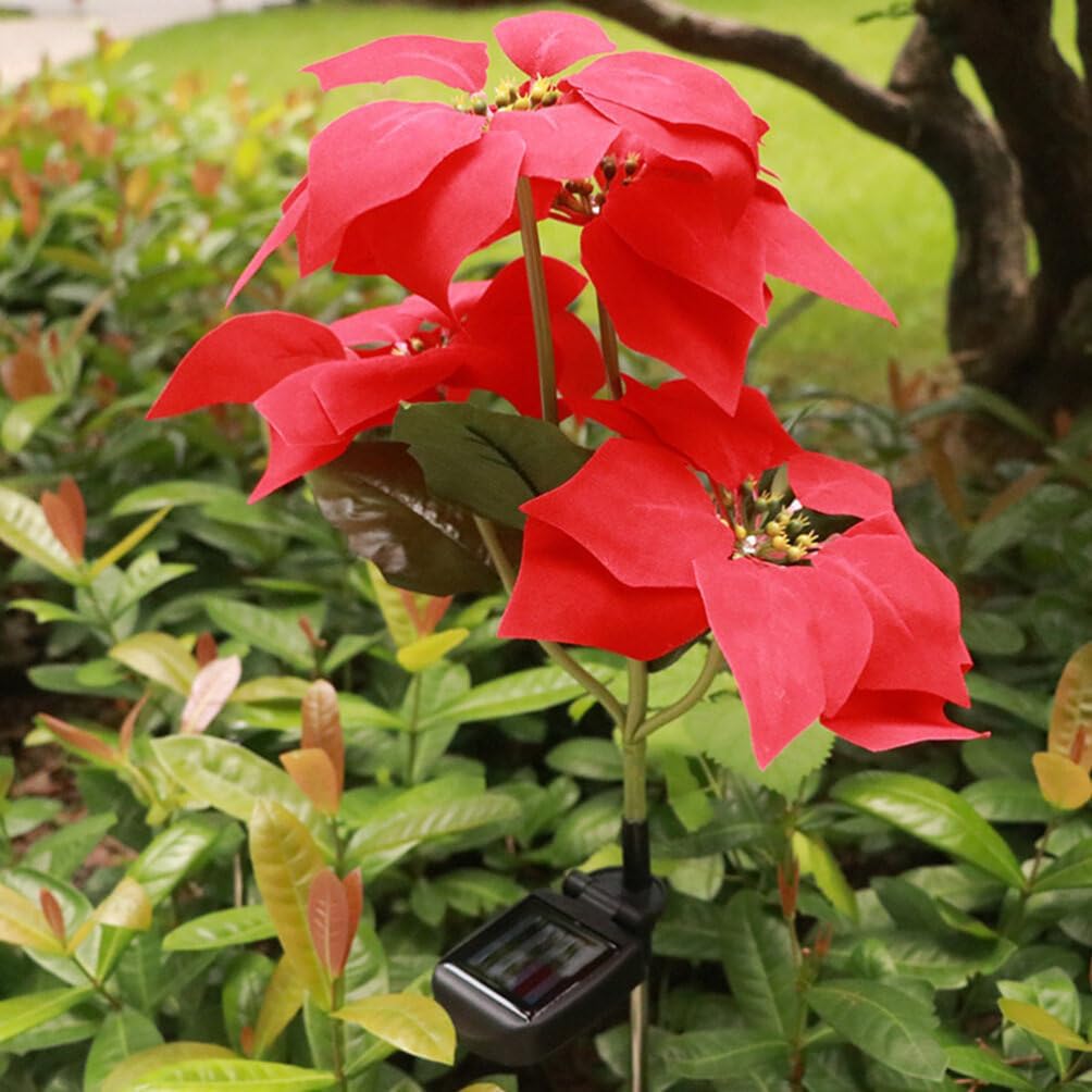 Mobestech 2Pcs Christmas Garden Solar Lights Outdoor Solar Poinsettia Yard Stake Floor Ground Insert Light Holiday Lawn Decoration