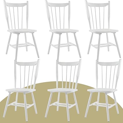 White Wooden Dining Chairs Set of 6, Windsor Dining Chairs with Spindle High Back & Solid Wood Legs, Farmhouse Vintage Kitchen Chair for Dining Room/Restaurant, Armless