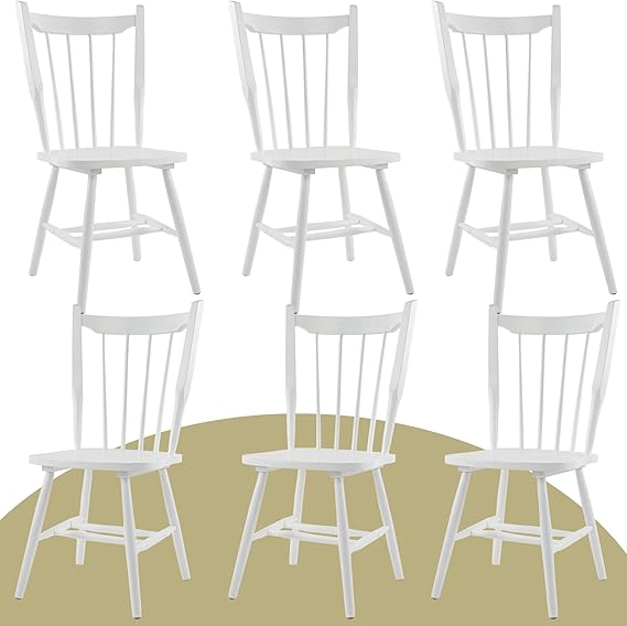 White Wooden Dining Chairs Set of 6, Windsor Dining Chairs with Spindle High Back & Solid Wood Legs, Farmhouse Vintage Kitchen Chair for Dining Room/Restaurant, Armless