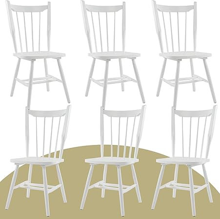 White Wooden Dining Chairs Set of 6, Windsor Dining Chairs with Spindle High Back & Solid Wood Legs, Farmhouse Vintage Kitchen Chair for Dining Room/Restaurant, Armless