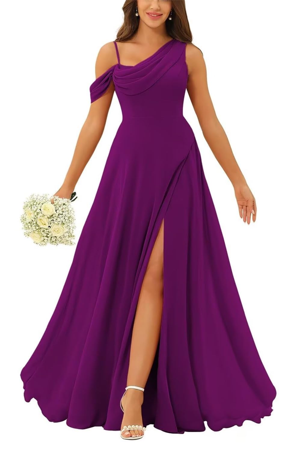 Hppee Women's Plum One Shoulder Bridesmaid Dresses Long Plus Size Formal Wedding Guest Dress With Slit Uk22