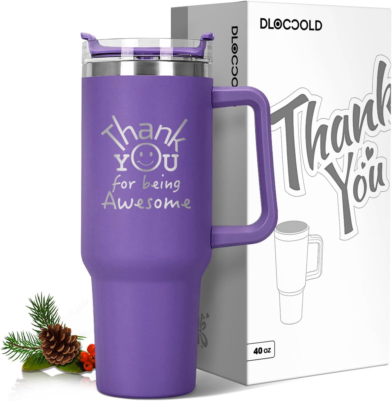 DLOCCOLD Thank You Gifts, Christmas for Coworkers, Employee Appreciation Gifts, Inspirational Birthday, Friends, Teacher, You Are Awesome, 40oz Tumbler with Handle, Purple