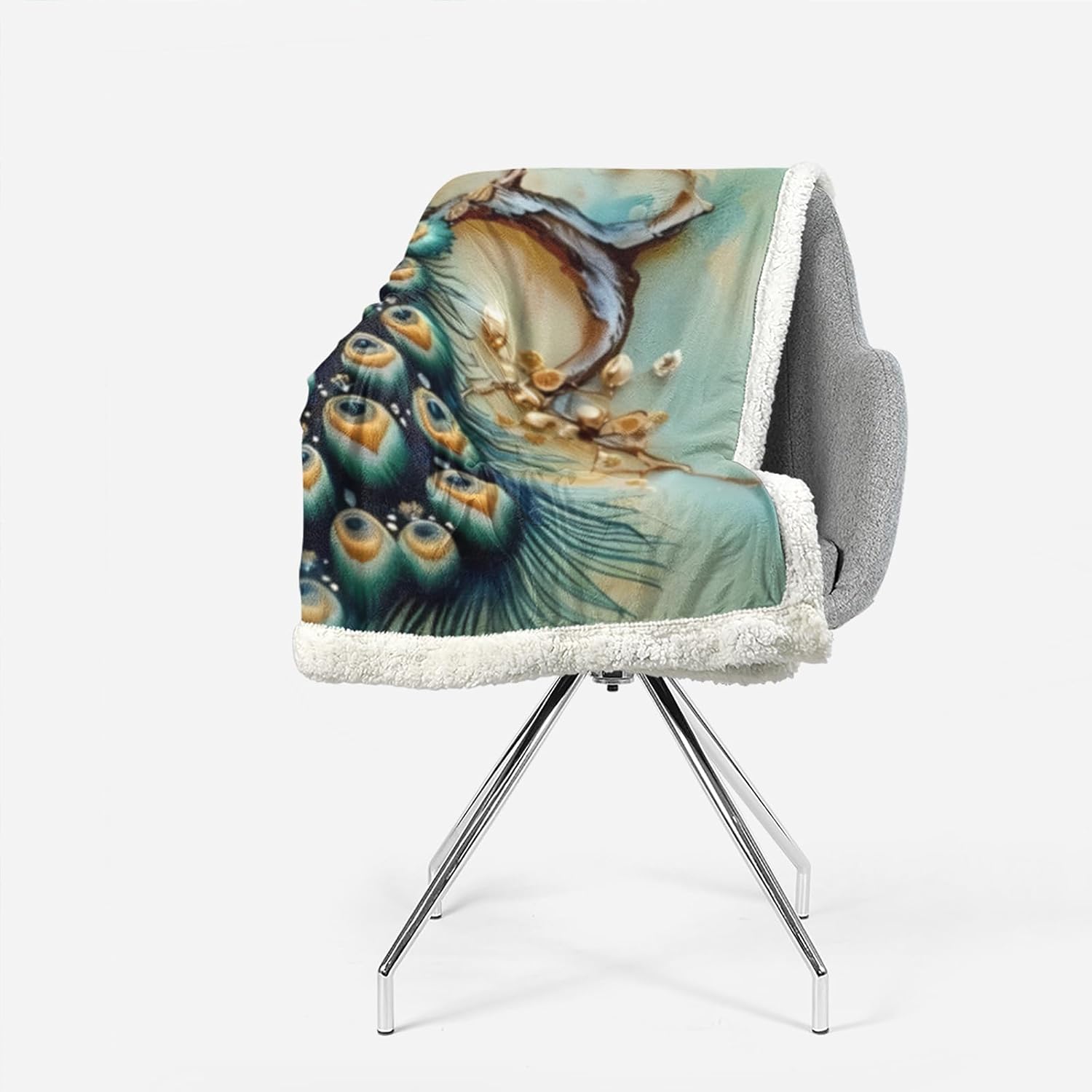 AILONEN Beautiful Green Peacock Sherpa Fleece Throw Blanket for Kids Girls Gifts,Peacock Feather Printed Sherpa Blankets,Elegant Birds Flower Soft Cozy Blankets for Bed Sofa, 59 x 47 Inches