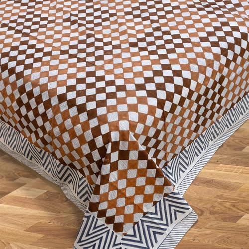 Image of TOAI Hand Block Printed Bedsheet | Bed Spread Flatsheet Bed Sheet | 210 TC Long Luxury Cotton | King Size 108 inchx108 inch |2 Reversible Pillow Covers (Brown Checks Blue Lines)