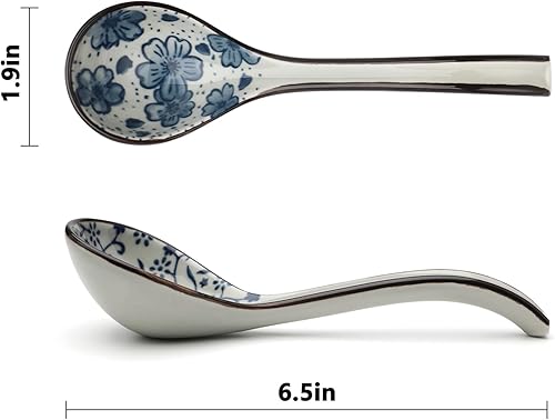 Miniatura 3 de Juego de 8 cucharas de sopa asiáticas de mango largo, cucharas de sopa chinas de cerámica japonesa, cucharas de ramen japonés estilo retro, cuchara