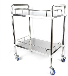 2 Layers Cart Trolley, Lab Serving Cart Utility Cart Stainless Steel Carts on Wheels Serving Equipment Trolley Cart, Mobile Utility Rolling Carts with Wheels