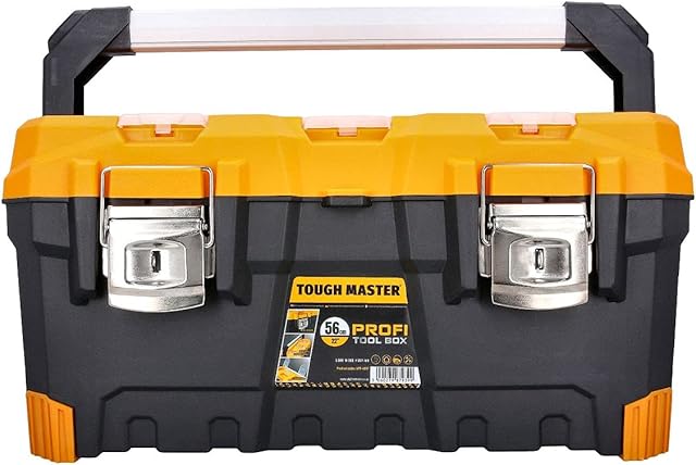 TOUGH MASTER Professional Heavy Duty Black & Yellow DIY Large 22 inch/56cm Portable Mobile Tool Chest Storage Organiser with Removable Tote Tray, Aluminium Handle
