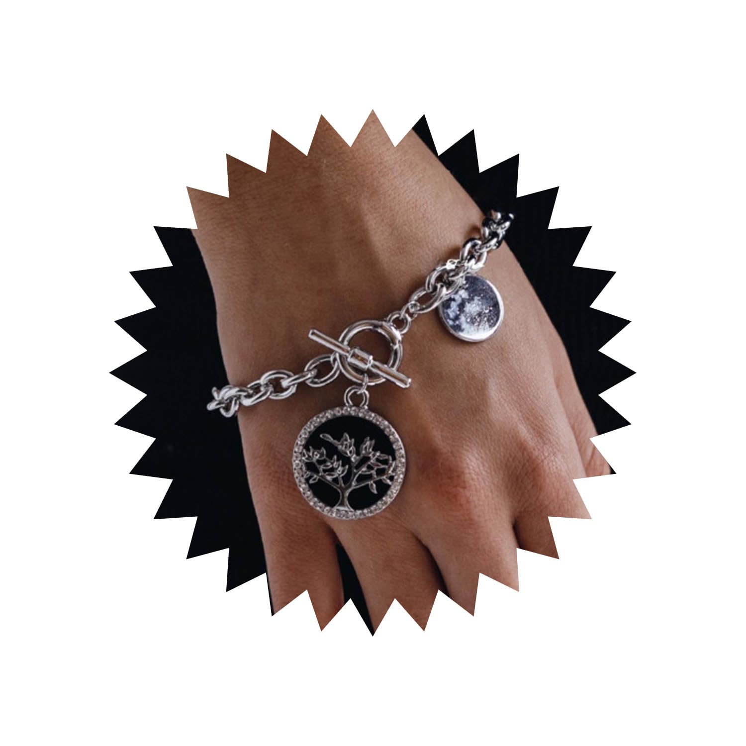 Bracelet Chaîne Doré à Maillons Chunky - Fermoir OT, Disque Strass, Breloque Arbre - Bijou Femme Tendance