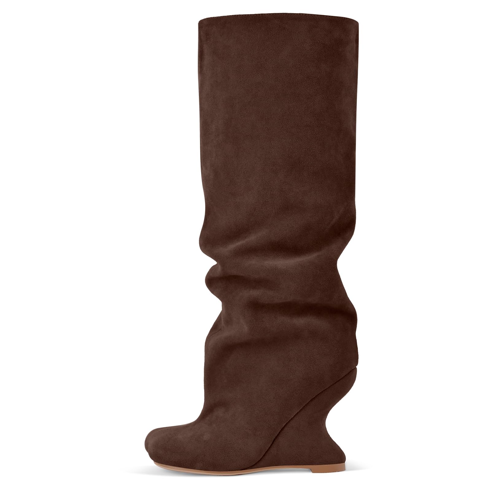 richealnini Slouchy Suede Knee High Boots Wide Closed Square Toe Wedge Heels Long Boots