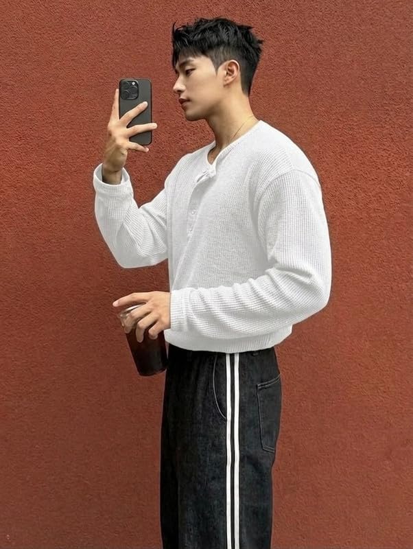 Image of Imsa Moda Men's Textured Fabric Half-Open Collar T-Shirt | Full Sleeve Casual T-Shirt for Men