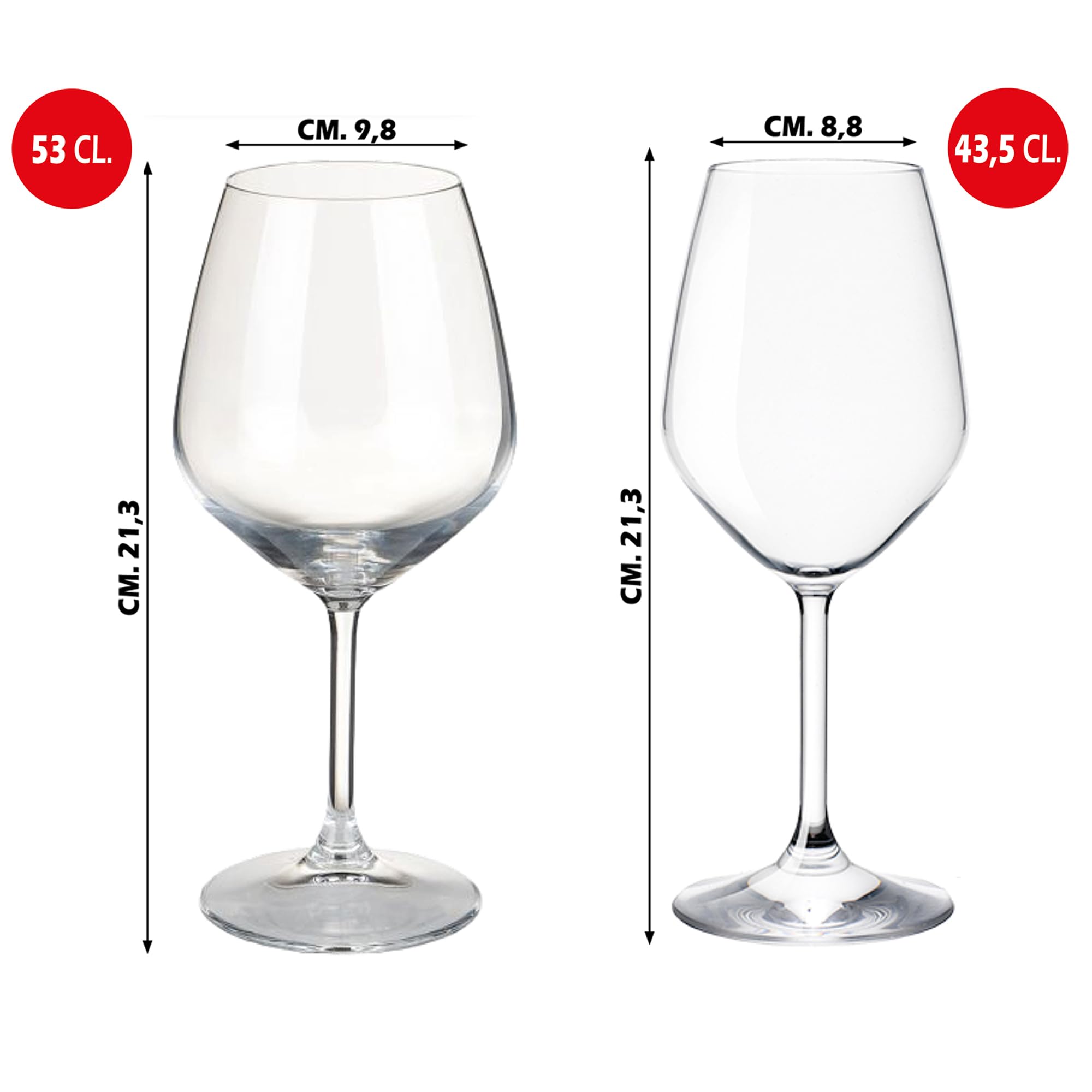 Sicignano | Juego de copas de vino tinto CL.53 + vino blanco 43,5 cl.43,5 Divino de cristal para 6 personas, transparentes, aptas para lavavajillas – regalo cubo champán negro 2 botellas, Made in