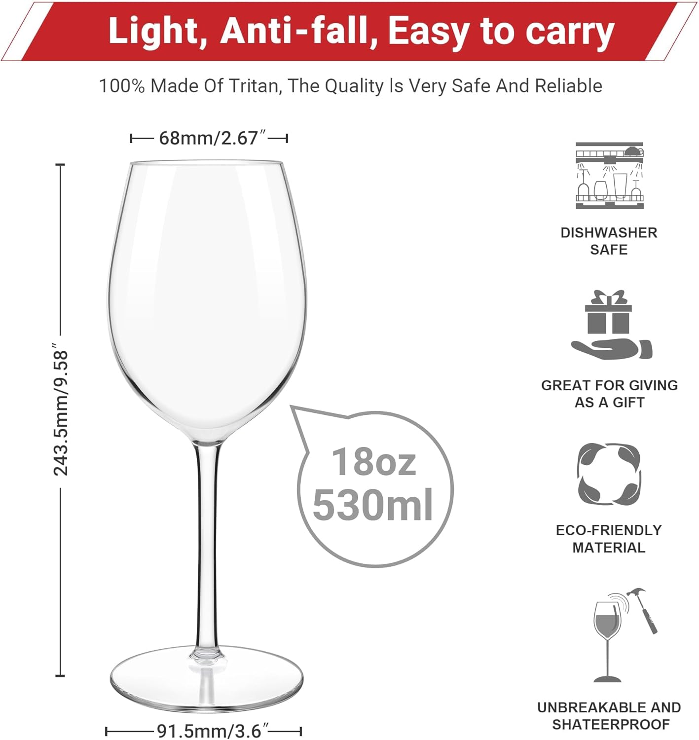 HAHASHOW Unbreakable Stemmed Wine Glasses - 100% Tritan Plastic, Dishwasher Safe for Red & White Wine Glass 530ML - Set of 4, Perfect for Camps and Parties
