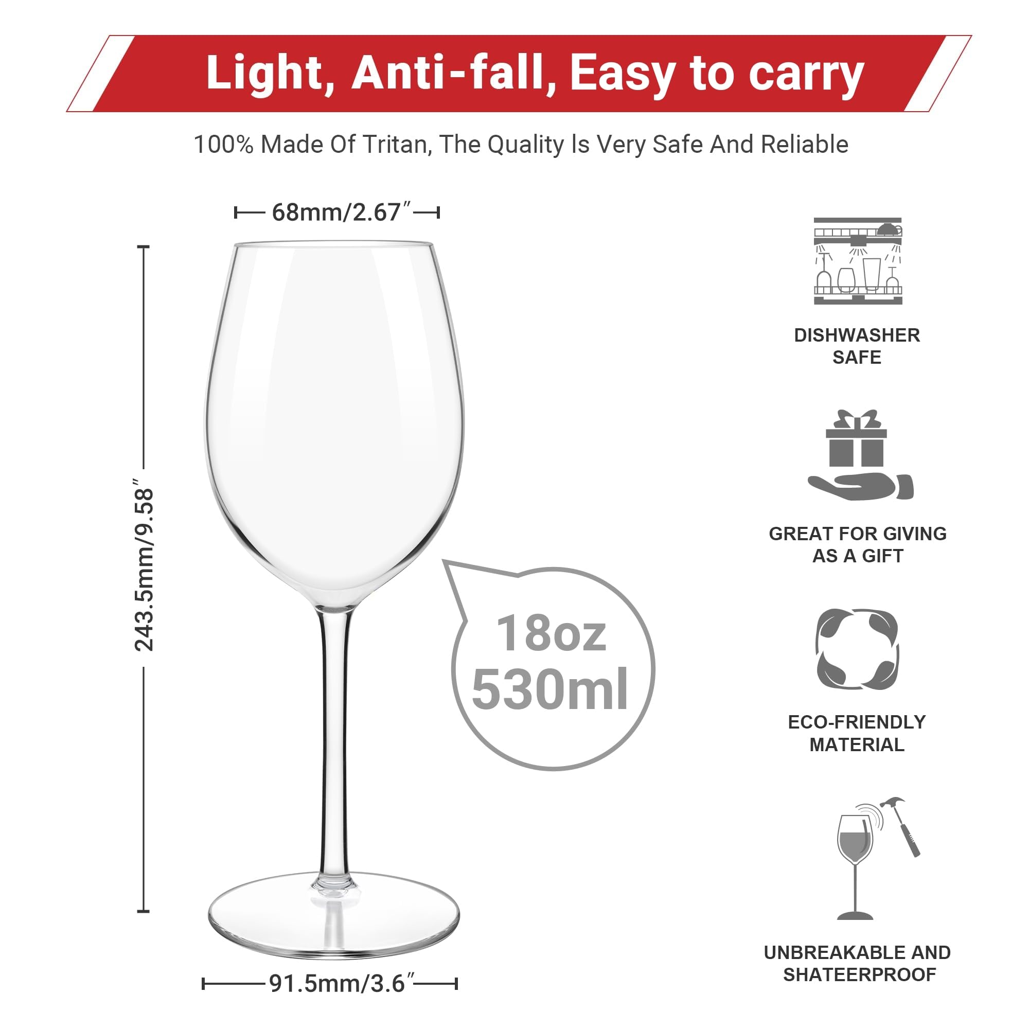 HAHASHOW Copas de Vino Tinto Irrompibles de Plástico Tritan, Juego de 6 Inastillables de 530 ml para Fiestas y Camping