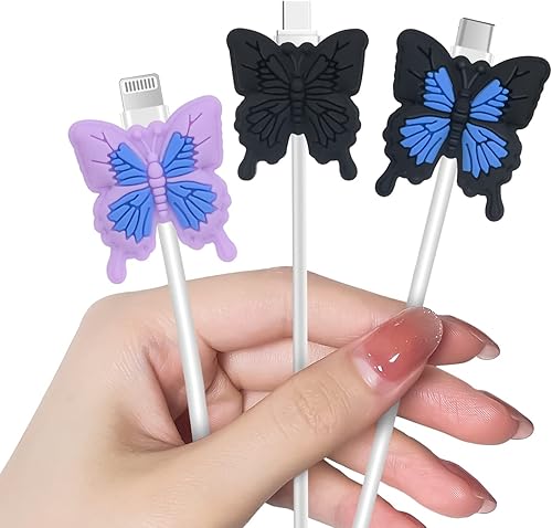 Protector de cable Kawaii para cargador de iPhone tipo C, bonito diseño de mariposa 3D de dibujos animados, juego de 3 piezas de protector de cable