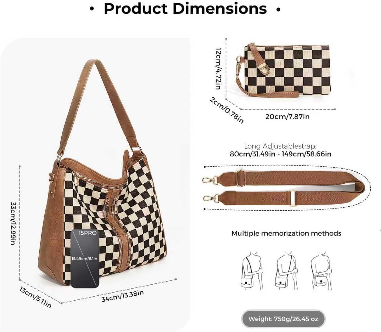 JQWYGB 2pcs Checkered Hobo Tote Bag for Women Multiple Pockets Crossbody Shoulder Handbag Trendy Tote Purse with Wallet