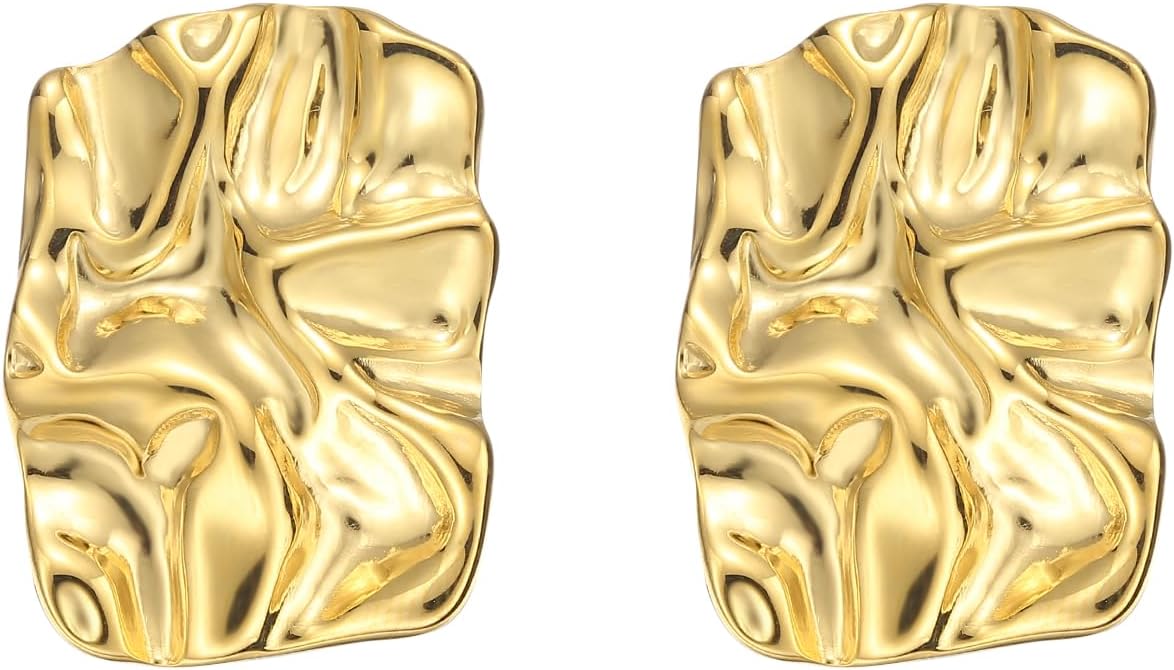 Geometric Rectangle Gold Stud Earrings Irregular Hammered Chunky Statement Earrings for Women Trendy