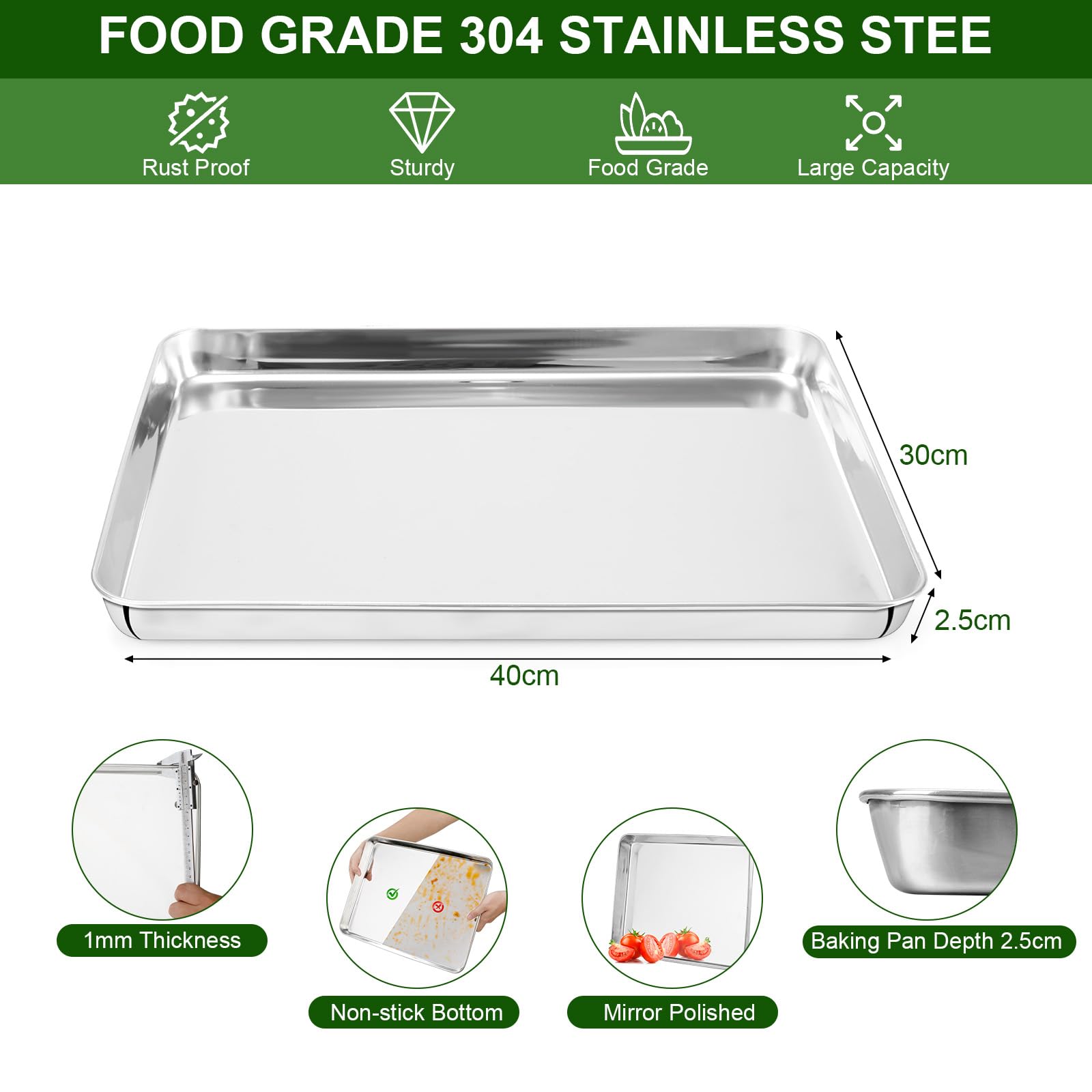 Cozary Teglie da Forno con Griglia di Raffreddamento in Acciaio Inox,40x30x2.5cm, 304 Acciaio Inox,Lucida e Antiruggine, Atossica e Sana, Lavabile in Lavastoviglie