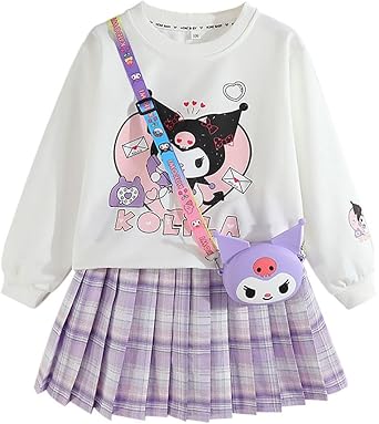 Girls 3 Piece Outfits Cartoon Crewneck Long Sleeve Pullover Sweatshirt + Plaid Pleated Mini Skirt + Bag Sets