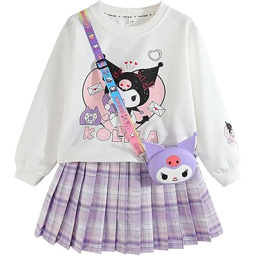 Girls 3 Piece Outfits Cartoon Crewneck Long Sleeve Pullover Sweatshirt + Plaid Pleated Mini Skirt + Bag Sets