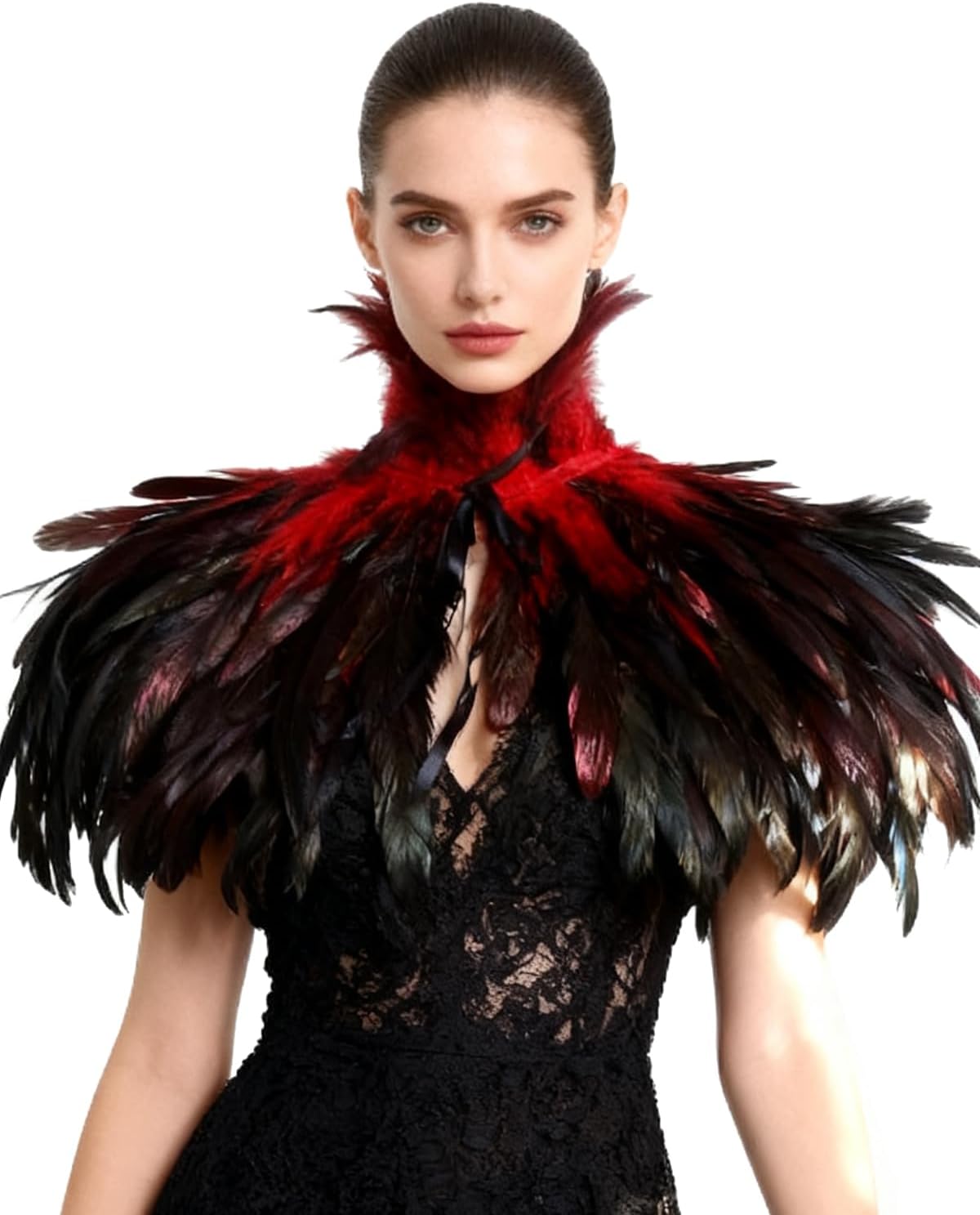 L'VOW Women's Real Nature Feather Shrug Cape Lace Shawl Collar Witch Cosplay Costumes for Halloween Carnival