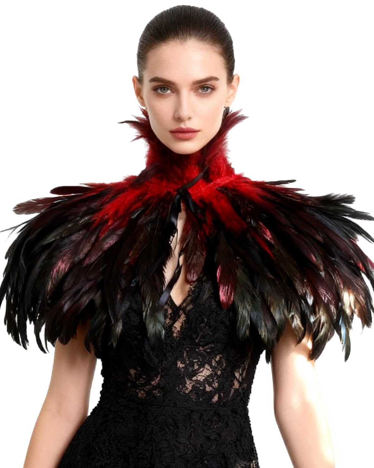 keland Poncho encapuchado gótico victoriano natural del cabo del mantón de las plumas con el collar de la gargantilla negro (rojo)