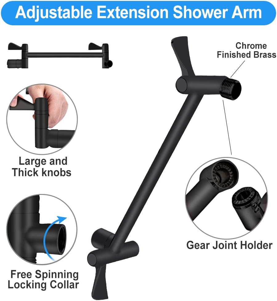 12'' Shower Head, Kaqinu High Pressure Rainfall Shower Head/Handheld Showerhead Combo with 11” Extension Arm, Anti-leak Shower Head with Holder/Hose, Flow Regulator - Matt Black