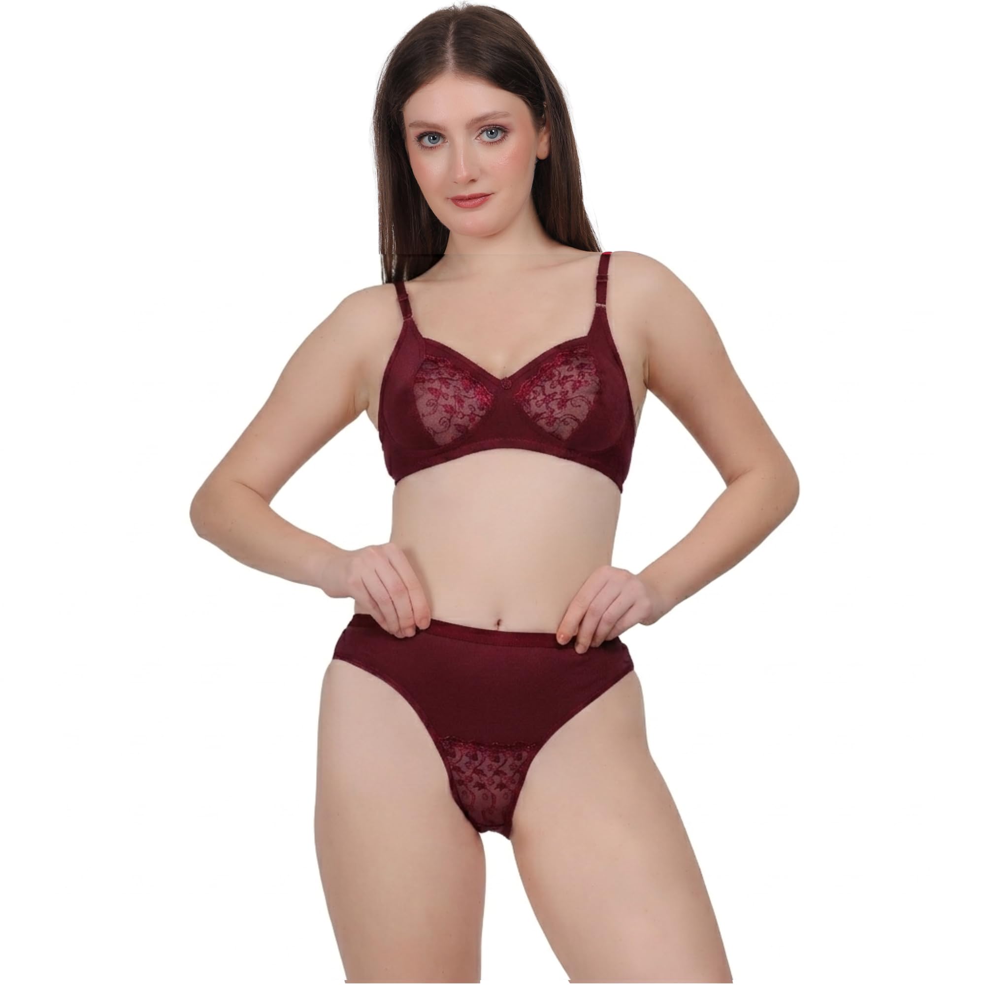 kesar lingeries Women's Lace Bra and Panty Set, Red, Non-Padded, Floral Design, Lingerie Set-picture-17