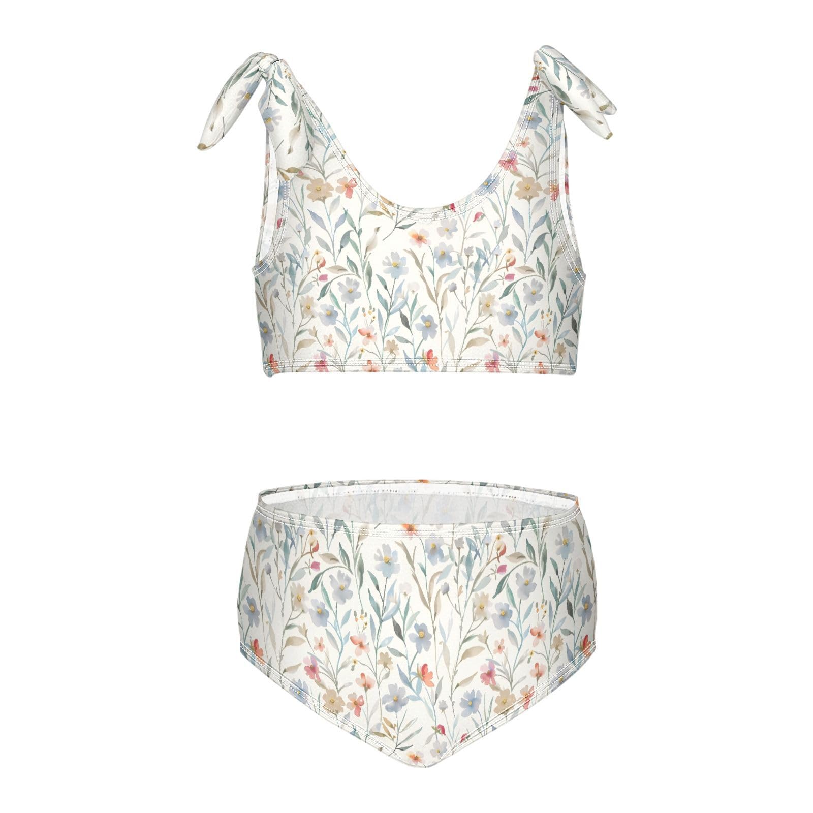 Watercolor Wildflowers Girls Two Piece Tankini Swimsuits Summer Bathing Suit Beach Swimwear Set, 7-8T Multicoloured