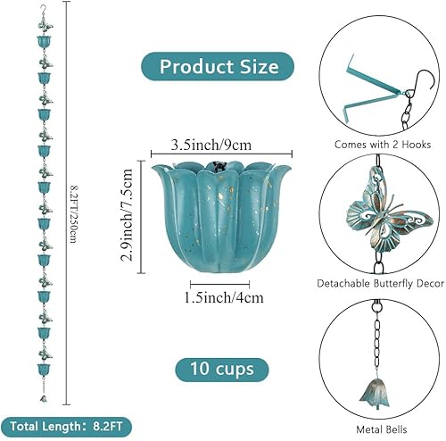 Miniatura 2 de giole Lotus Cadena de lluvia, cadenas de lluvia de 8.2 pies para canaletas con 10 tazas, cadenas de captura de lluvia ajustables con campana para