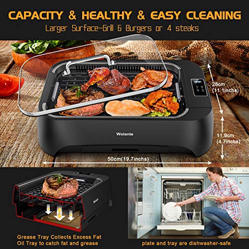 Smokeless indoor Grill 1500W Electric Grill Griddle, Wolante Interchangeable Non-stick BBQ Grill Griddle with Turbo Smoke Extractor Technology, 4D Trap Heat Technology ,Drip Tray& Removable Plate,Dishwasher-Safe - Thumbnail 4