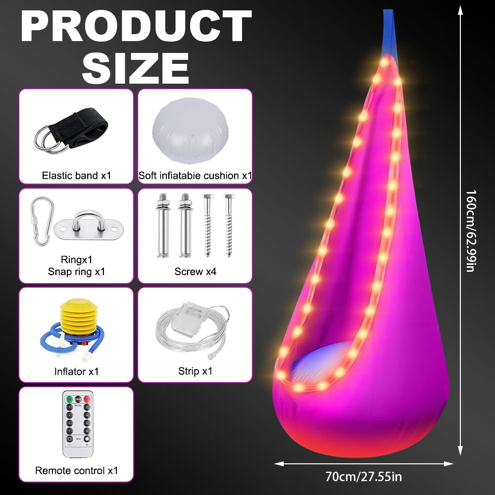 Hängehöhle, Tragbarer Hängesessel Schaukel mit LED, Pod Swing Seat mit Aufblasbarem Kissen, Hängesitz Schaukel, Pod Schaukelsitz max 80kg für Den Innen und Außenbereich