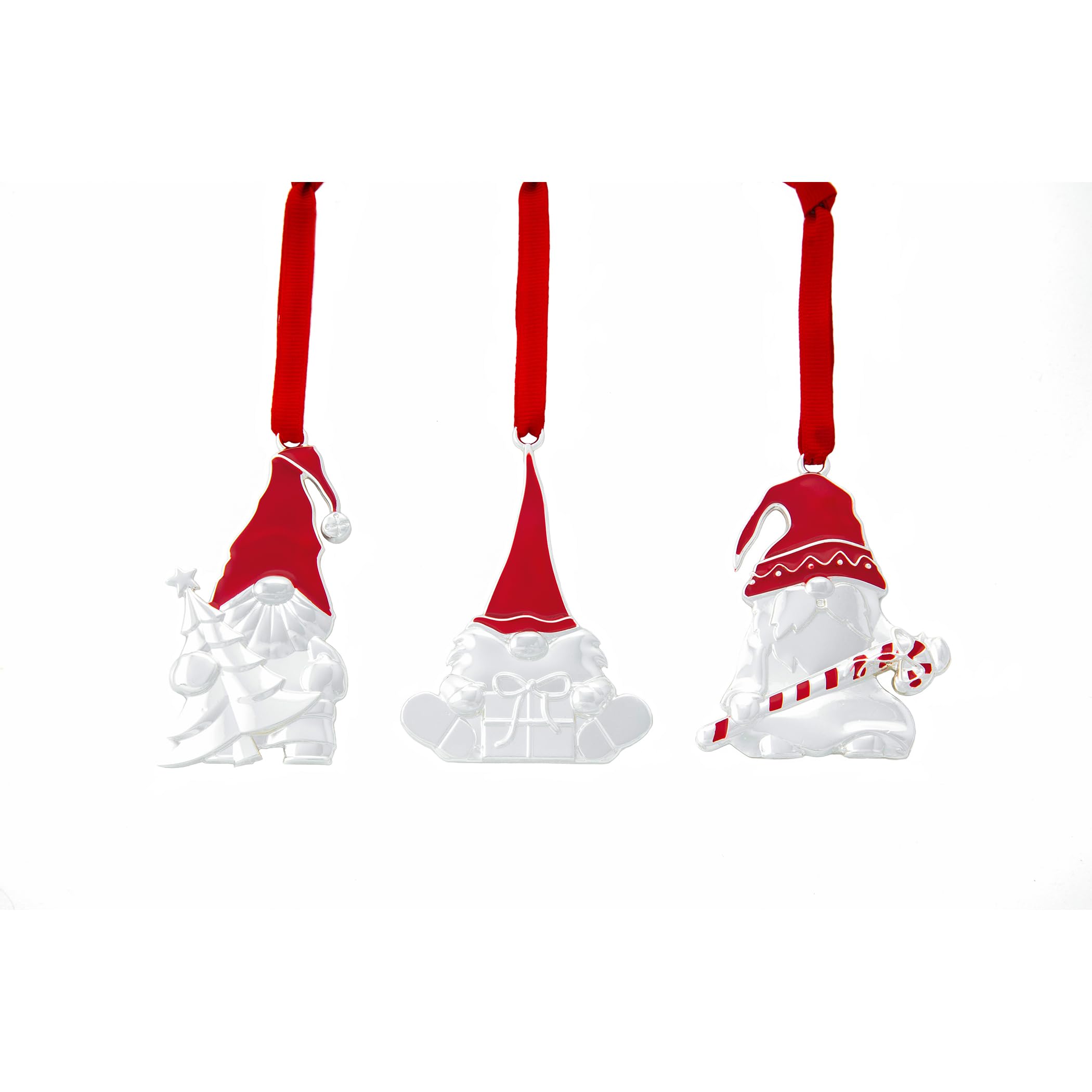 Nambe Whimsical Holiday Mini Gnome Ornament Set – 3 Silver-Plated Hanging Gnome Decorations for Christmas Tree, Seasonal Collectible Ornaments, 3" Each, Silver Plate