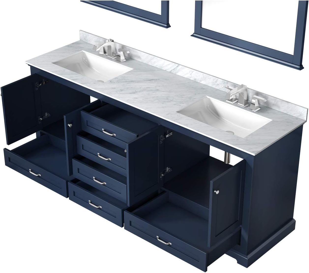 Dukes 80 in. W x 22 in. D Navy Blue Double Bath Vanity, Carrara Marble Top, Faucet Set and 30 in. Mirrors
