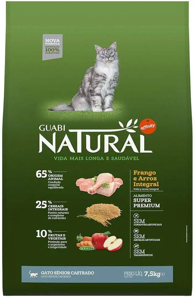 Ração Guabi Natural Gatos Sênior Castrados Frango e Arroz Integral 7,5 kg, Verde