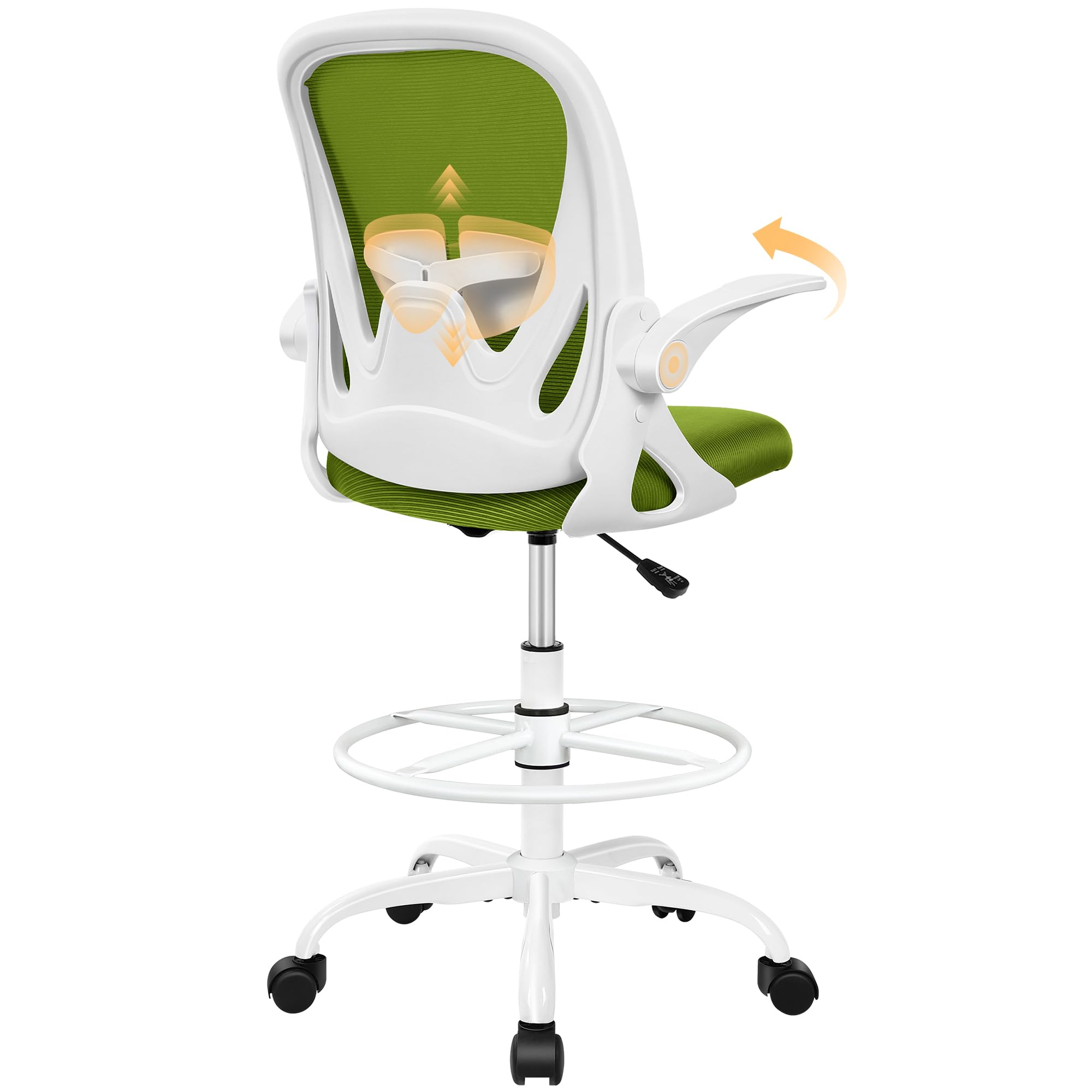 Primy Drafting Chair Tall Office Chair with Flip-up Armrests Executive Ergonomic Computer Standing Desk Chair with Lumbar Support and Adjustable Footrest Ring (AvocadoGreen)