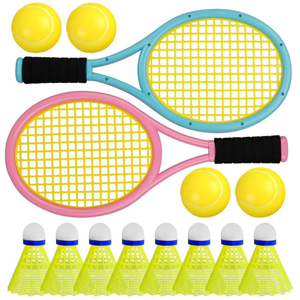 Jonuin Kids Tennis Rackets Set Includes 2 Rackets, 4 Tennis Balls, 8 Badmintons and Storage Bag, Lightweight Kids Badminton Set for Children Indoor Outdoor Sport Game (Blue & Pink)
