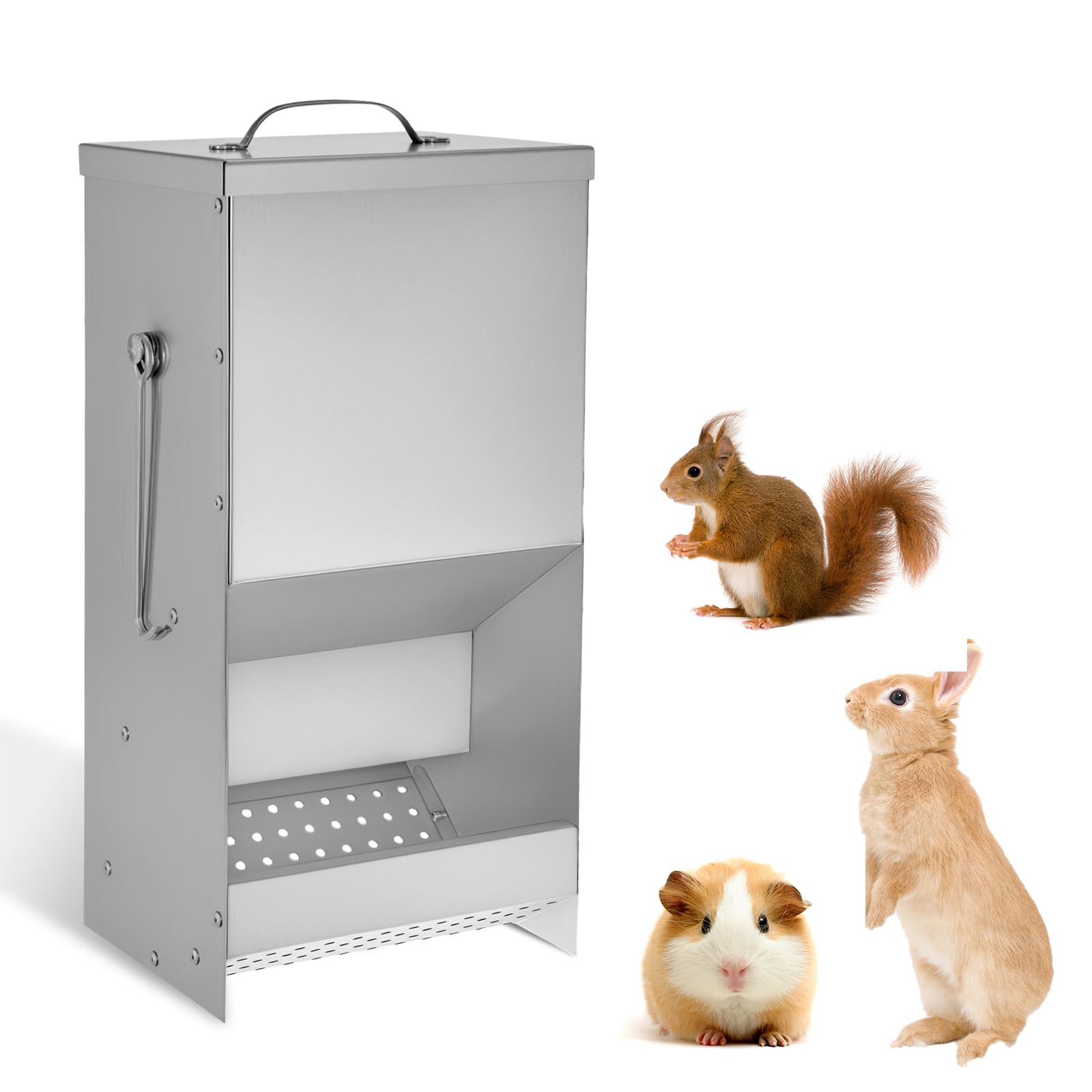 Rabbit Feeders Automatic for Cages,5 Pound Large Metal Trough Feeder with Lid Galvanized Steel Outdoor Bunny Food Dispenser for Rabbits Chicken Guinea Pig Pet and Other Small Animals