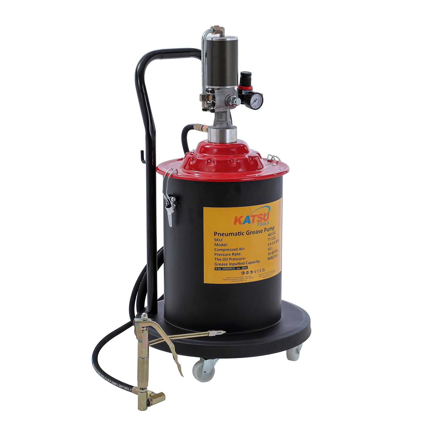 KATSU Tools Bomba de Grasa Neumática 20L Bomba de Engrase con Aire a Presión Dispensador de Pistola de Grasa de Aire Portátil con 12ft Manguera, 450 Bar, para Maquinaria de Automóviles y Camiones