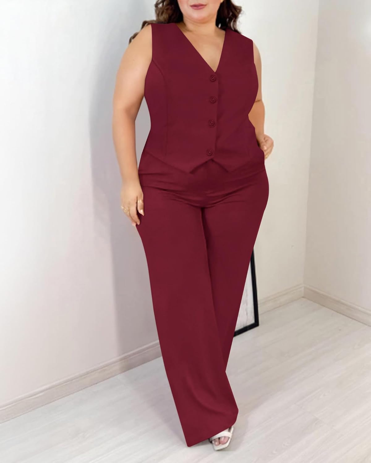 Women's Plus Size Pant Suits 2 Piece Outfits Button Vest Blazer Pockets Wide Leg Pants Sets Casual Pantsuits - Image 5