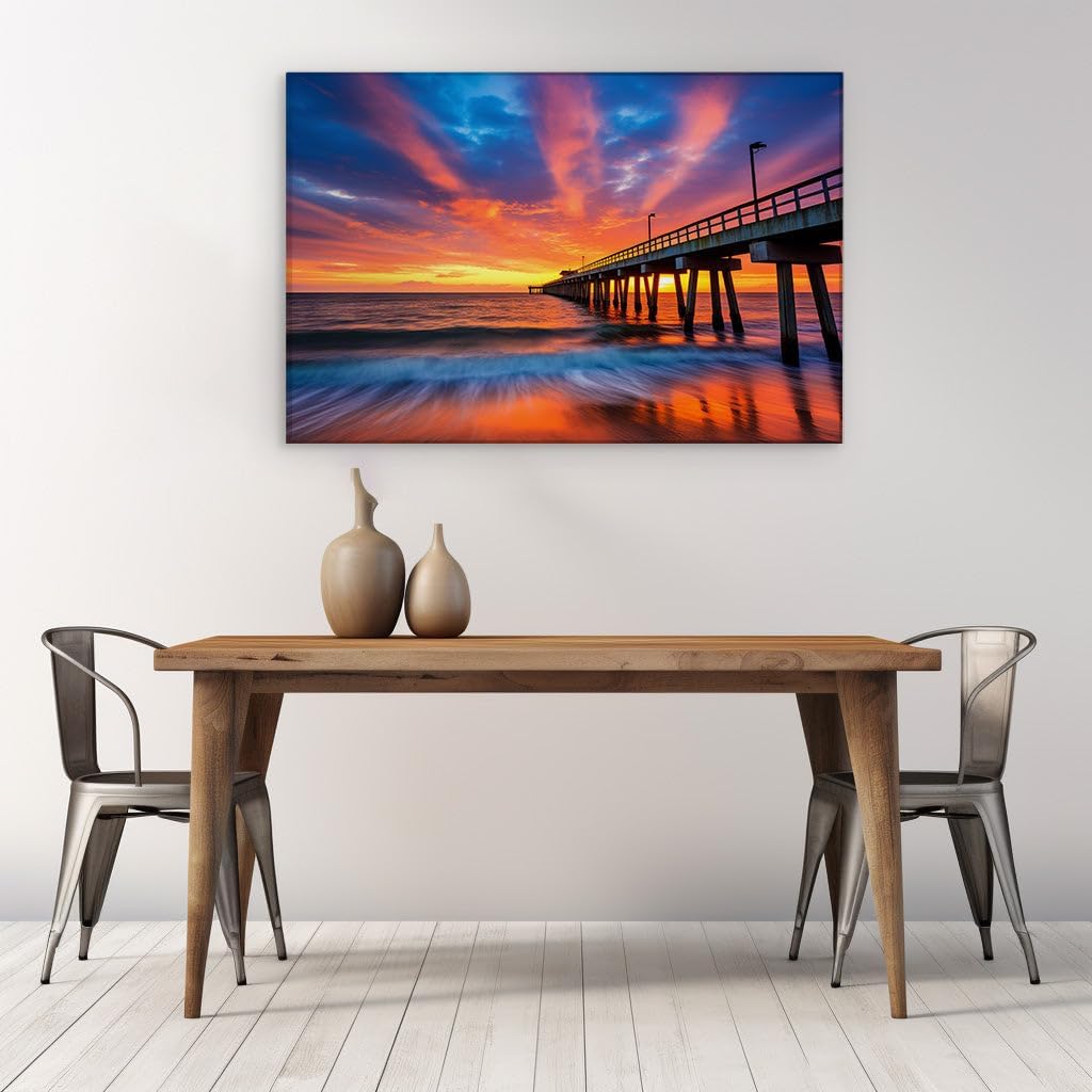 Canvas for Living room. Sunset Serenade: Embracing the Tranquil Beauty of a Pier at Dawn, 27 x 18 inch Canvas Wall Art - Contemporary Masterpieces - Modern Home Decor